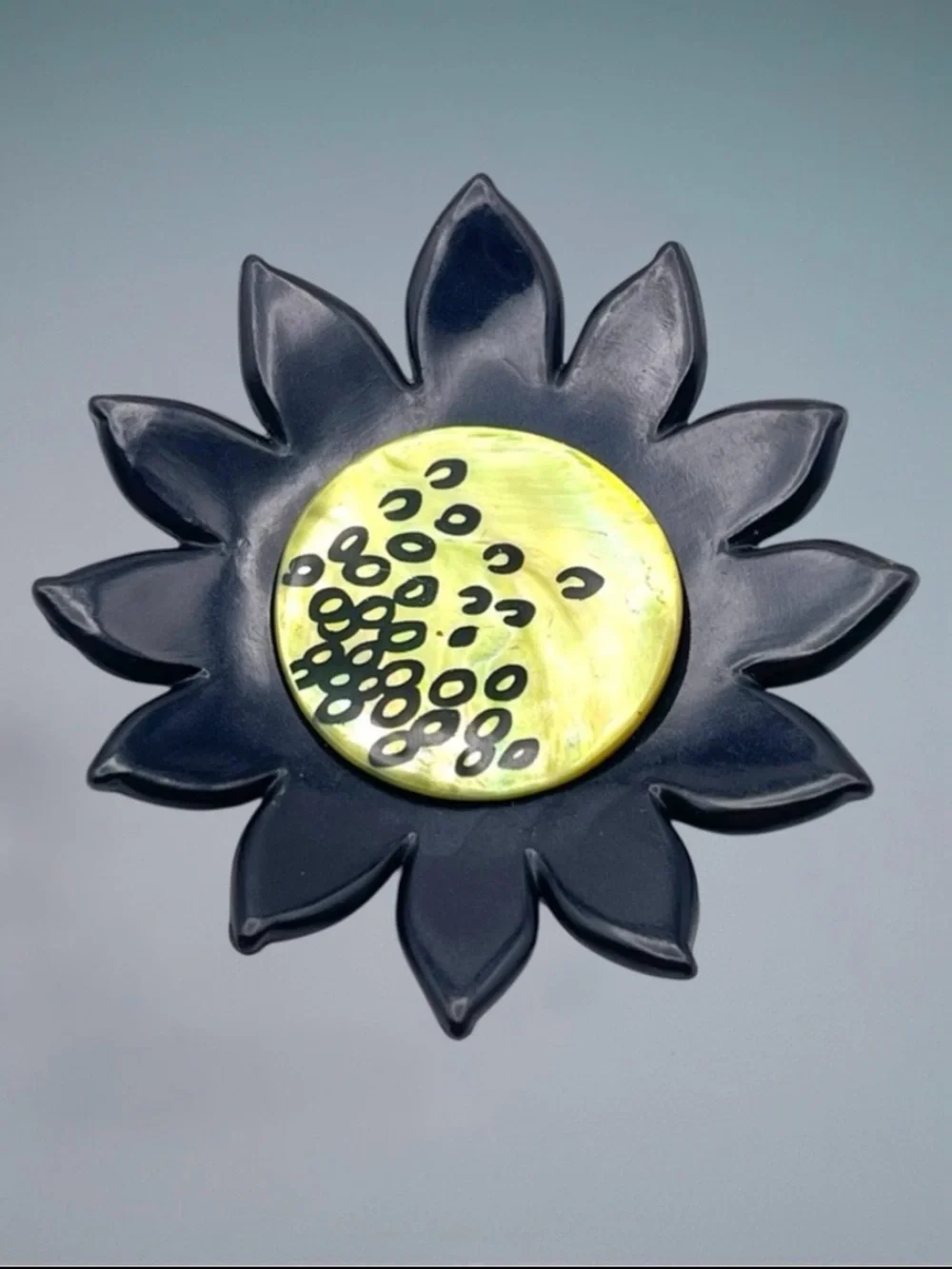 Vintage Artisan Resin Sunflower Brooch Black and Abalone Lime Green Handpainted